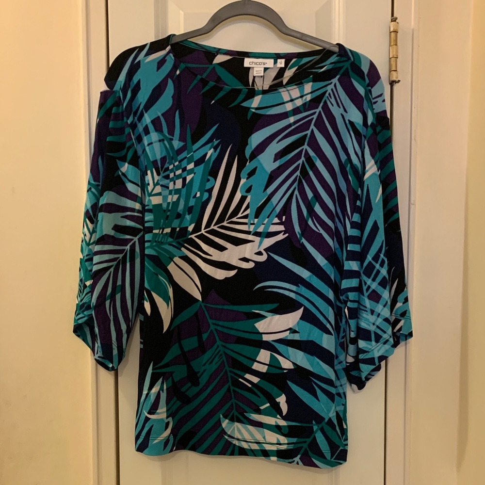 Chico's Women's Leaf Print Blouse - Blue and Teal